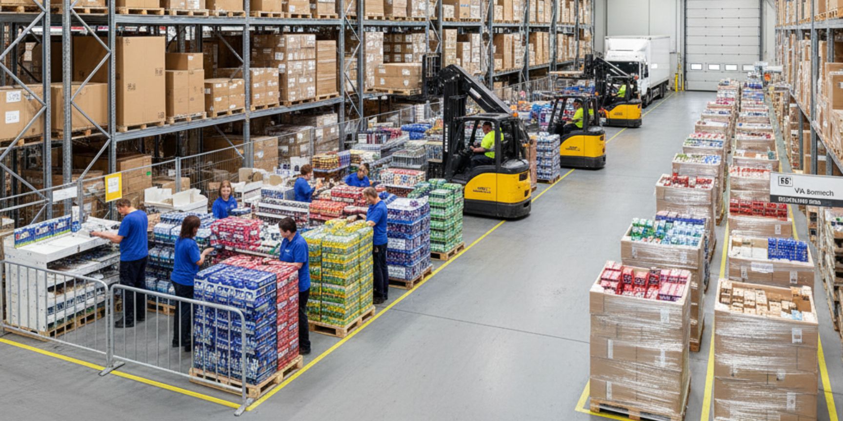 Übersicht einer großen Logistikhalle mit Hochregalen, Gabelstaplern und speziellen Bereichen für die Lagerung und Konfektionierung von Displaymaterialien.